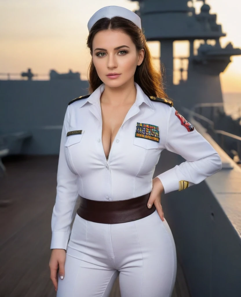 (8K, photorealistic, Raw photo, top quality;1.4) , (1 girl), super beauty (Realistic face) Woman in white uniform posing on a warship, big breasts, Woman in military uniform, military uniform trousers, beautiful expression, real leather, Super high resolution, Accuracy details, The deck of a warship, sunset