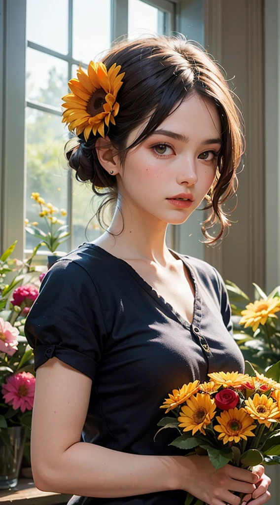 The lady with flowers on her hair an acrylic painting, In the style of Lucy Grending, Tony Dietlitz, A combination of organic and natural, Flower explosion, Ferris Pickaxe, Light orange and brown, calm face--ar 3:4 -