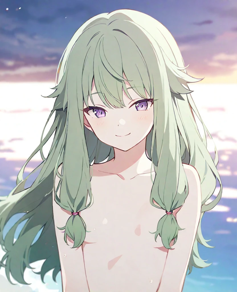 One girl,alone,kusanagi nene,Green Hair,Purple Eyes,Swimwear,project sekai,long hair,cute,cute,smile,nsfw,Upper body naked,
