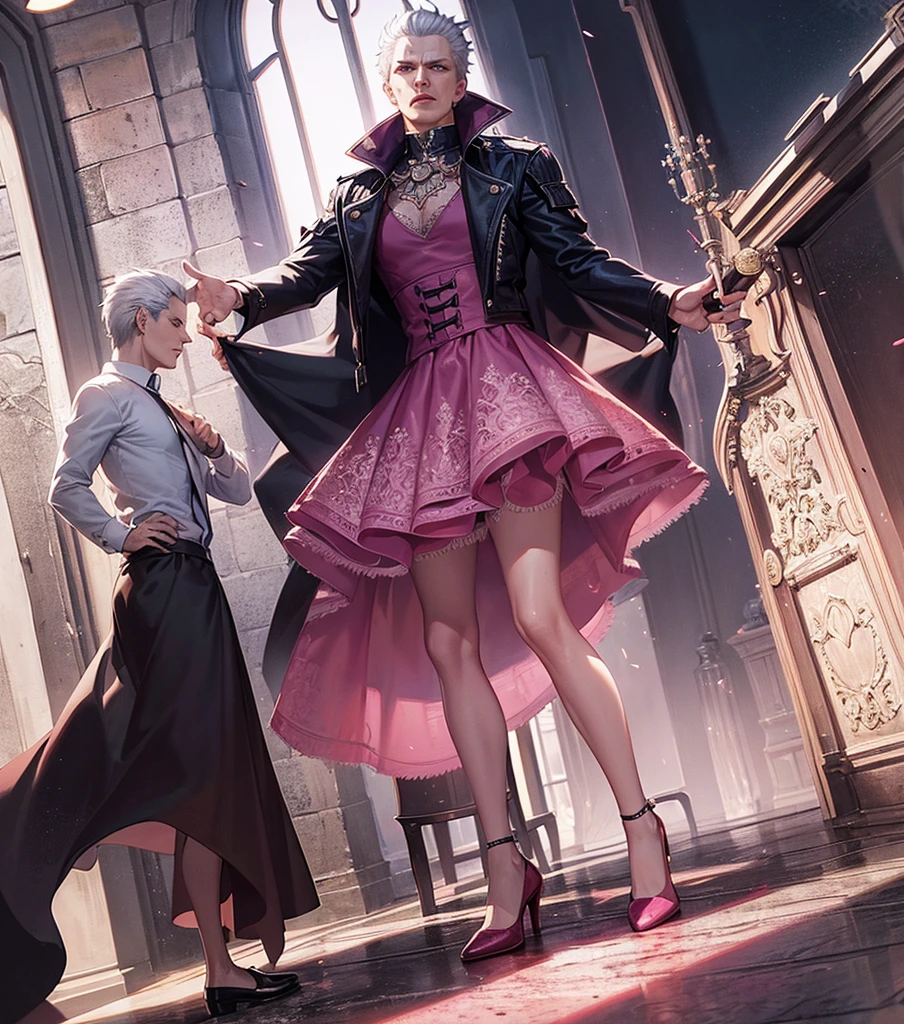 Vergil from Devil may cry Wearing a pink Lacy skirt and high heels Passionate