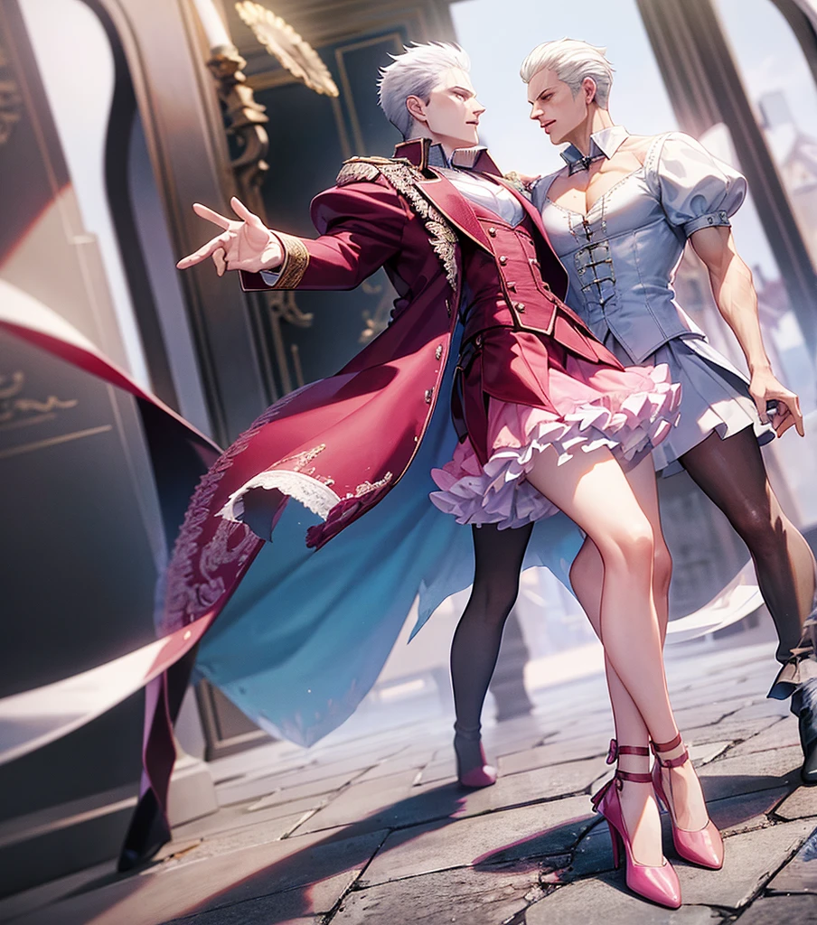Vergil from Devil may cry Wearing a pink  Lacy skirt and high heels Passionate With rosy cheeks The bottom frame, butt