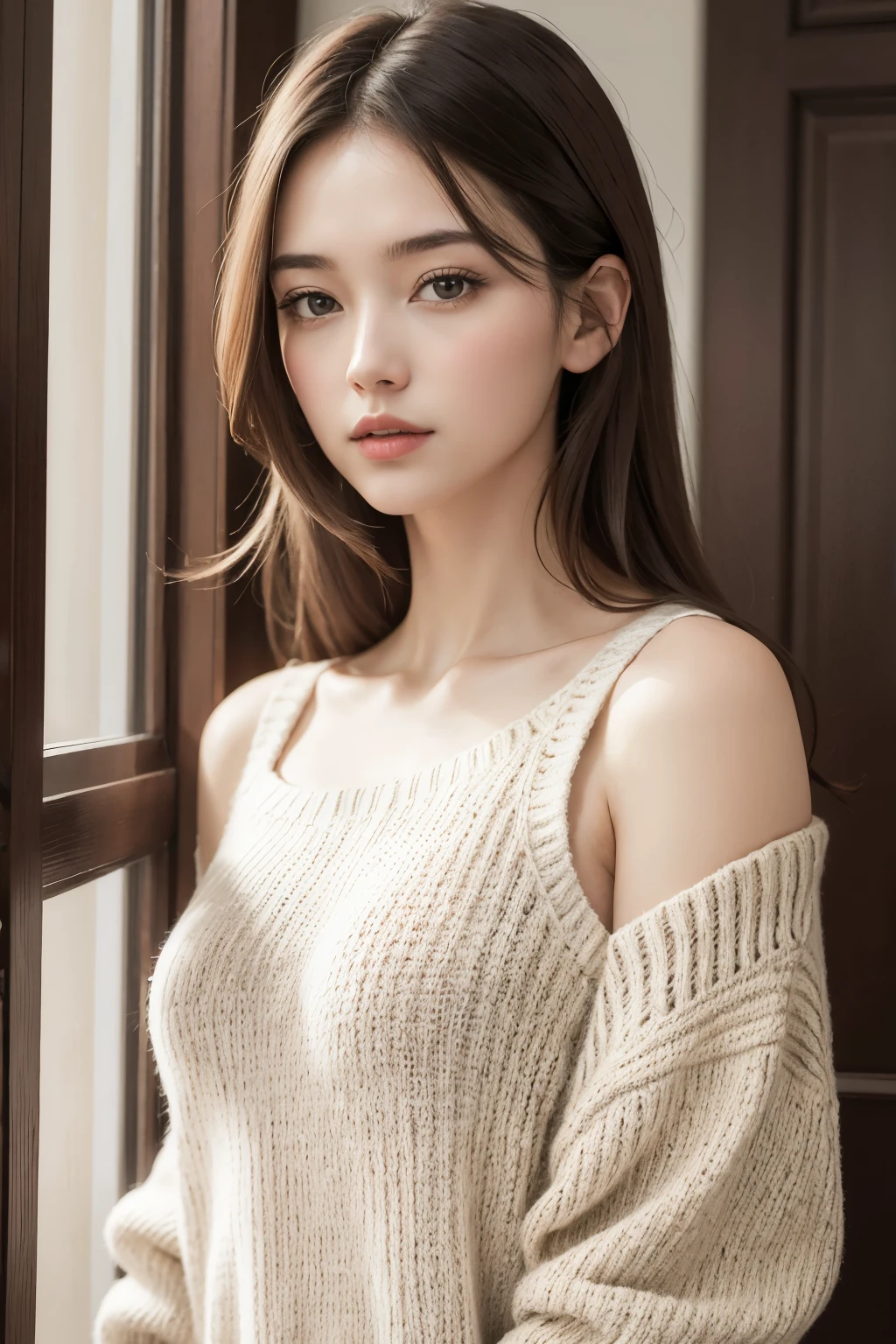 ((best qualityer)), ((work of art)), (detailded), 1 girl, shoulder to shoulder sweater,