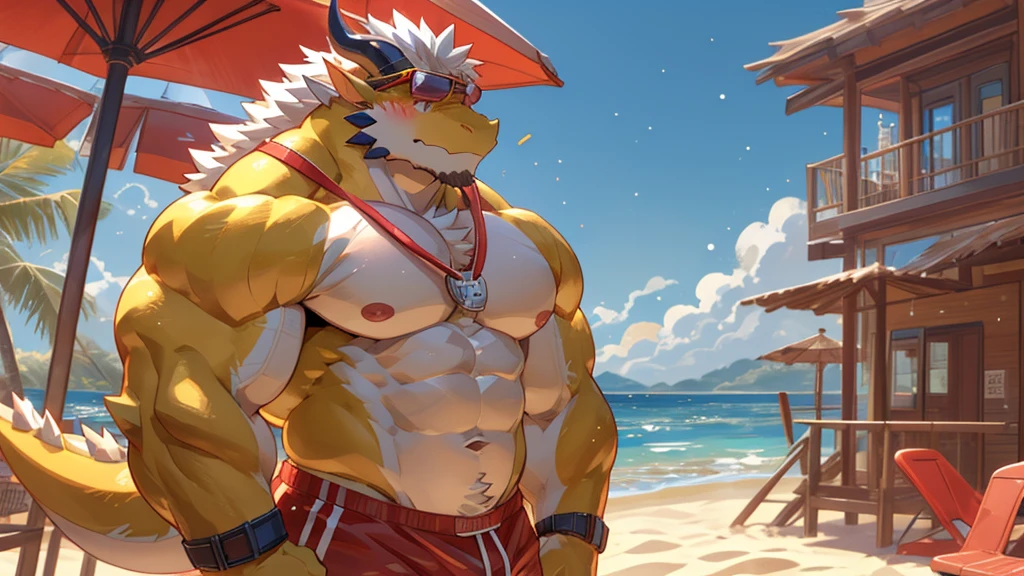 male, anthro, muscle, (kemono), (dragon), yellow body, blush, red swimwear, lifeguard, sunglasses, beach, half length portrait, white mane, horns, by bara, detailed background, light particles, hi res, bara, nsfw