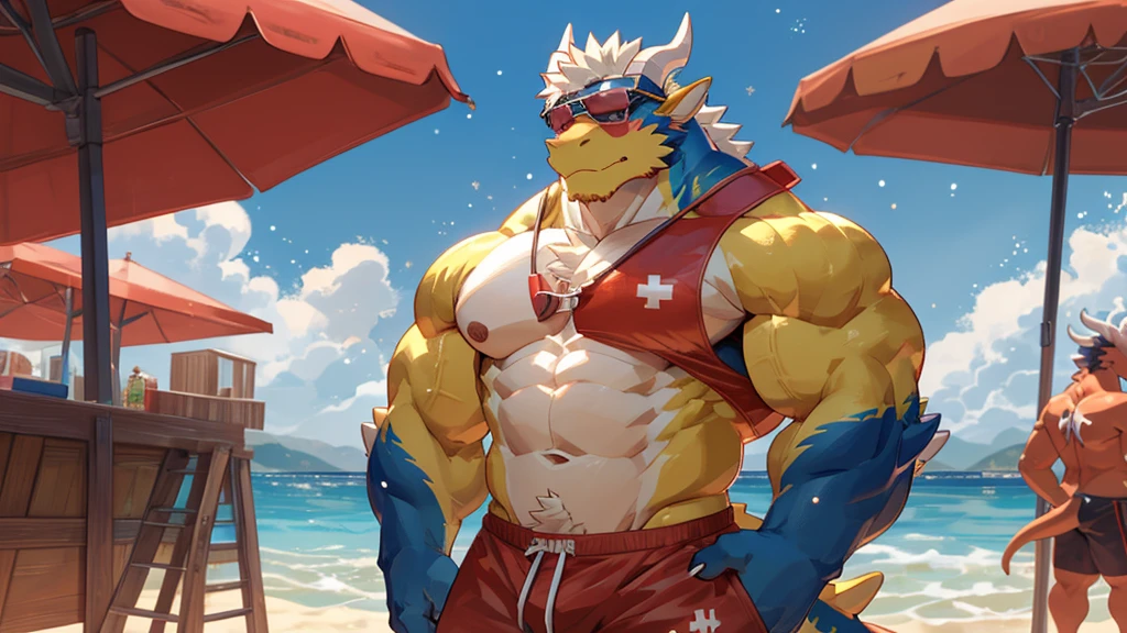 male, anthro, muscle, (kemono), (dragon), yellow body, blush, red swimwear, lifeguard, sunglasses, beach, half length portrait, white mane, horns, by bara, detailed background, light particles, hi res, bara, nsfw