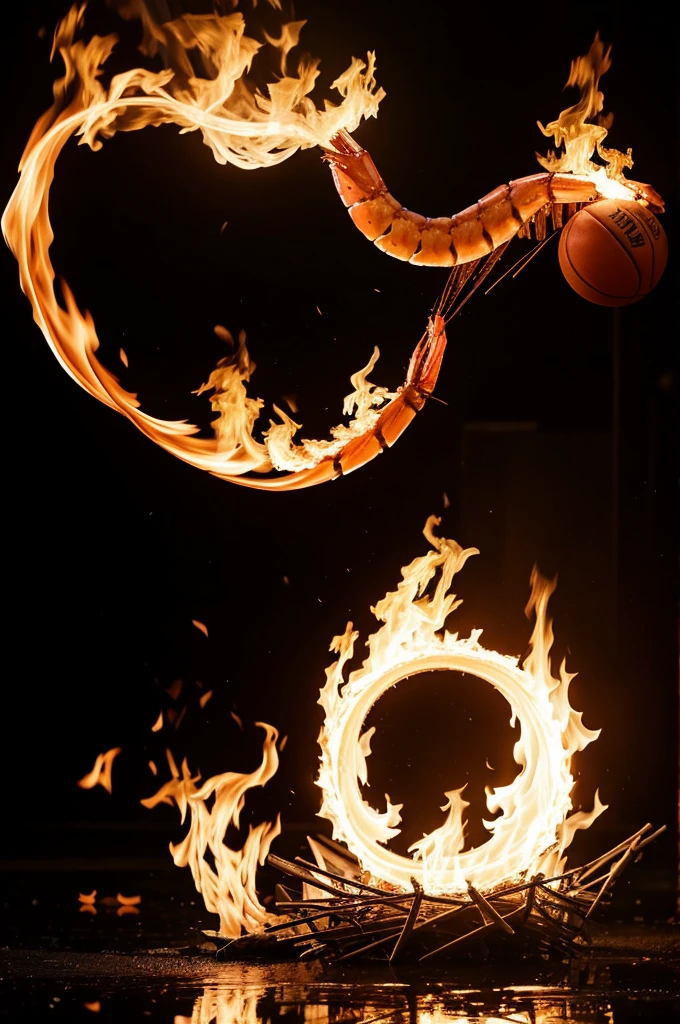 shrimp whose tail is engulfed in flames that do not burn it, juggling the basketball