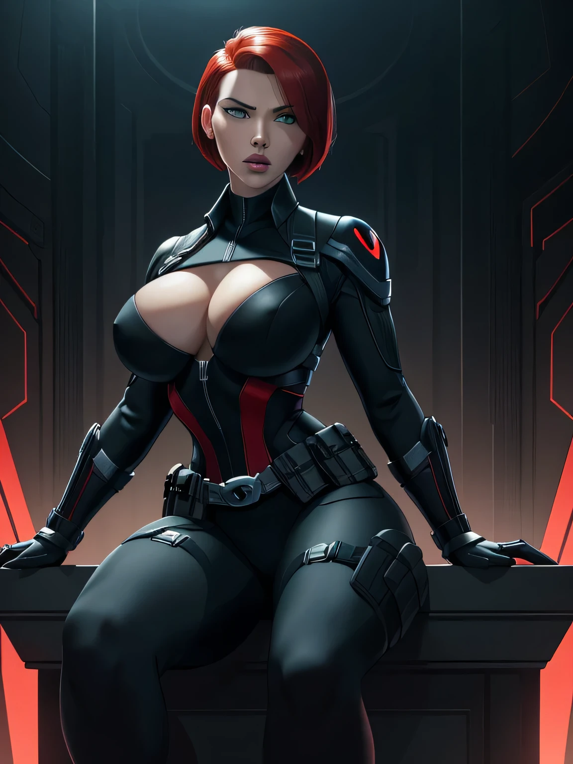 Scarlett Johansson as Black Widow, ((Masterpiece)); ((Natural Beauty)); ((Ultrarealistic green eyes)); ((Ultrarealistic fair white skin)); ((Ultrarealistic round boobs)); ((Ultrarealistic red short classic bob haircut hairstyle)); ((Ultrarealistic round Asscheeks)); ((Ultrarealistic widow bite black gloves)); ((Ultrarealistic utility belt)); black and red tactical vest; Bright Red stripe accents on the side of the suit; Short sleeve; looking at the viewer; Engaged in strategic planning, Black Widow sits with poise and focus, her tight suit showcasing her athletic physique, including the firmness of her buttocks. With a sharp mind and keen intuition, she formulates plans with precision and efficiency.