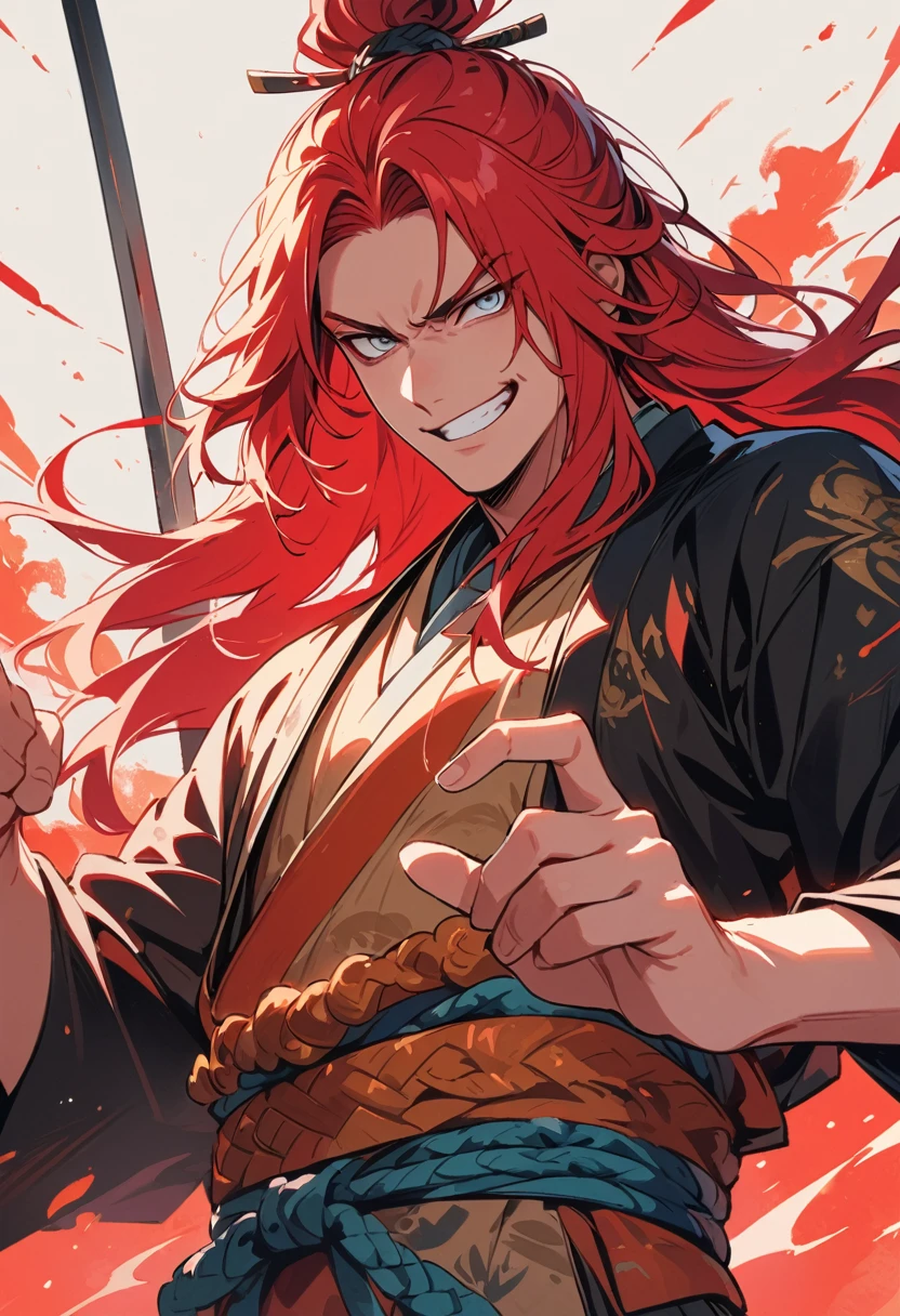 Male Samurai, long hair, red hair, white eyes, Schwert in beiden Händen, angry look, smiling, 4k, high res, masterpiece, detailed face, illustration