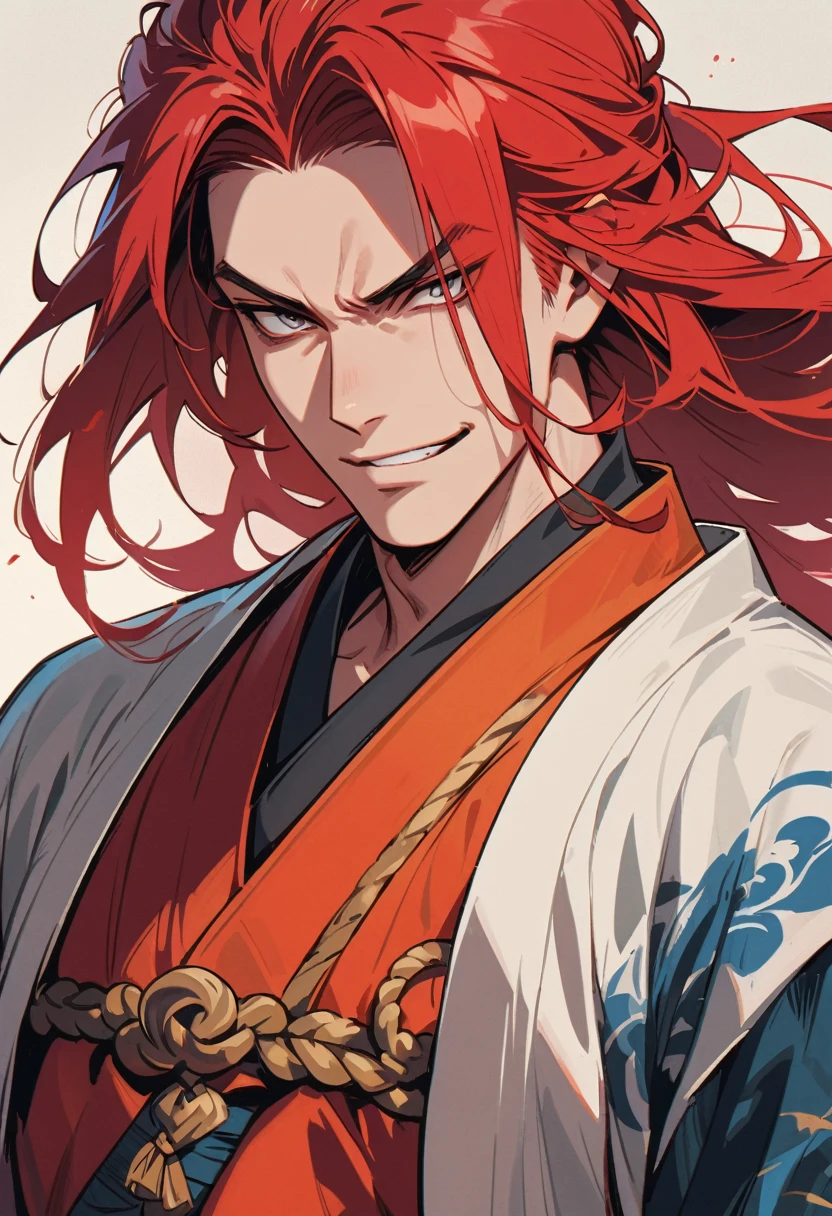 Male Samurai, long hair, red hair, white eyes, Schwert in beiden Händen, angry look, smiling, 4k, high res, masterpiece, detailed face, illustration