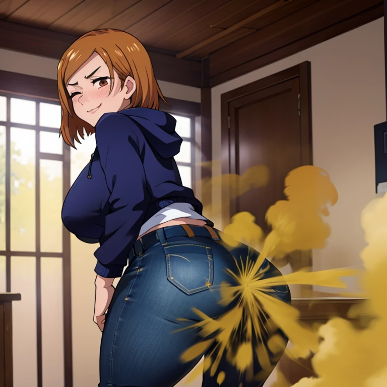 HD, high quality, high resolution, ultrahd, Nobara Kugisaki, 1female, wearing default outfit, dark blue hoodie, white pants, default hair, brown hair, very tall body, thin body, massive fart, yellow smoke, velocity, 1 eye closed, 1 eye opened, forcing, struggling, struggle face, blush leaning, embarrassed, smiling, viewing ass, alone in a room, beautiful lighting, highlights