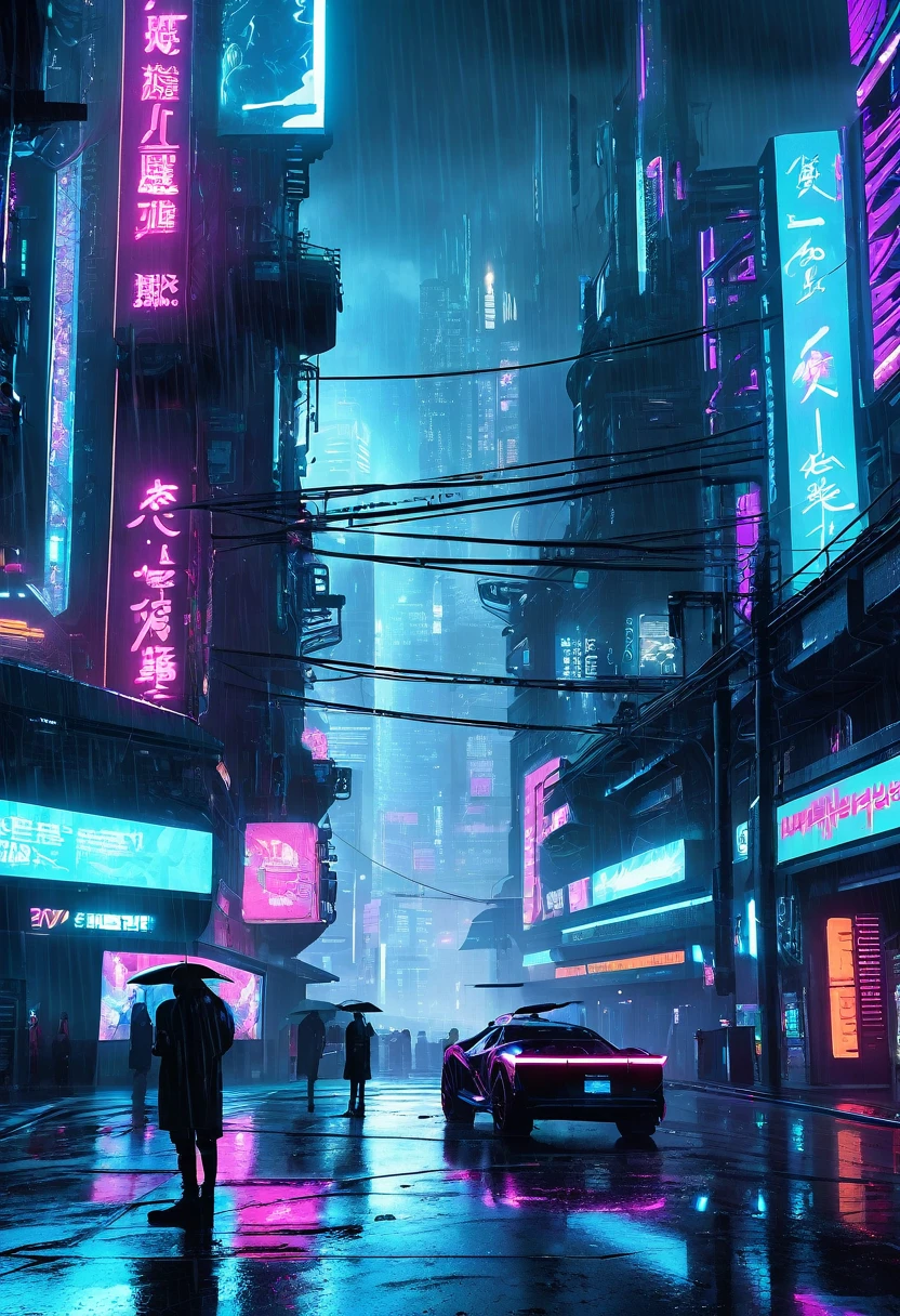 a cyberpunk city, neon lights, futuristic architecture, holograms, cyborg, advanced technology, moody atmosphere, dark shadows, sci-fi, urban landscape, rain, metallic textures, glowing displays, dystopian, cinematic lighting, high contrast, muted color palette, extremely detailed, 8k, hyperrealistic, intricate details, photorealistic