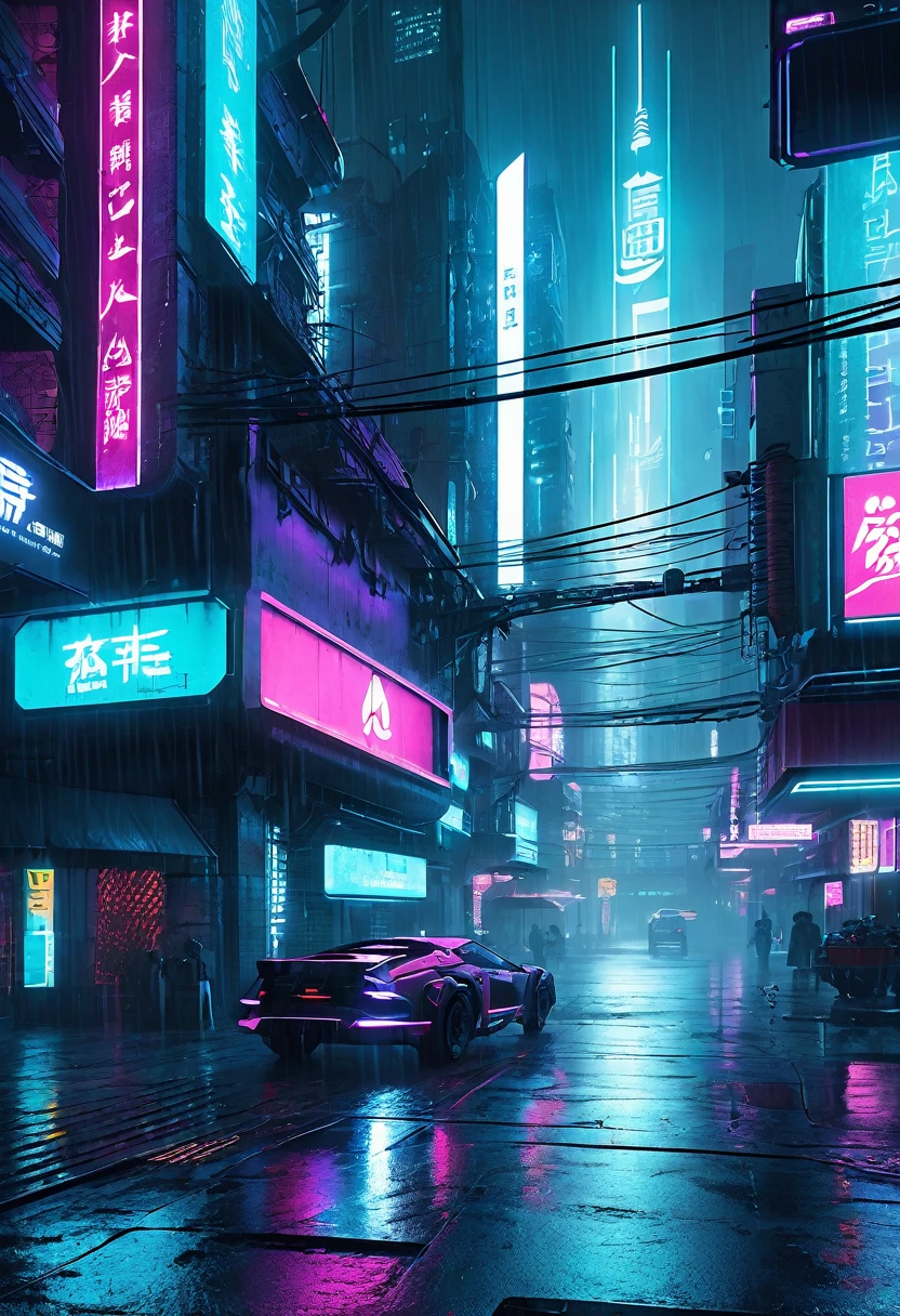 a cyberpunk city, neon lights, futuristic architecture, holograms, cyborg, advanced technology, moody atmosphere, dark shadows, sci-fi, urban landscape, rain, metallic textures, glowing displays, dystopian, cinematic lighting, high contrast, muted color palette, extremely detailed, 8k, hyperrealistic, intricate details, photorealistic