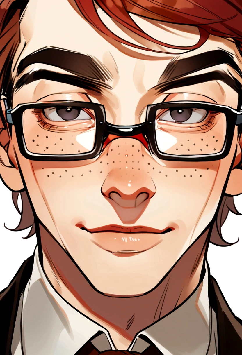 A nerdy male, auburn hair, dark black eyes, face close up, face picture, rectangle glasses, nerd boy, no freckles, dweeb, geek, mole beneath left eye, handsome, elegant,