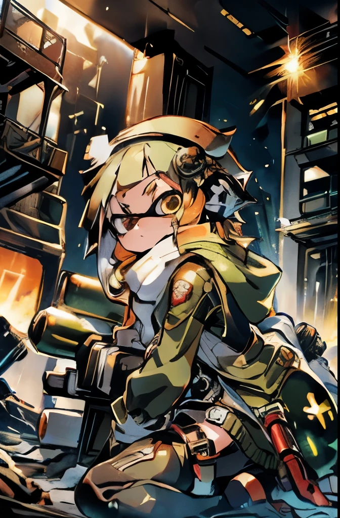 masterpiece, Highest quality, High resolution, Real Anime、3d、1人のSplatoonの女の子, Golden Eyes、Short tentacle hair、scarf, Fingerless gloves, Torn long sleeves, Short black shorts, hair ornaments, Hair Clip, Green knee socks, Green jacket, Thigh straps, Have a weapon, sniper rifle, Remains, Sitting, (Splatoon), scope, Use a sniper, holding the sniper rifle, scopeで見る, looking into the sniper rifle scope, photograph, High resolution, Urban, rooftop, Collapsed building, war, Catastrophe, disaster, Severe, cold, Glowing Eyes, Superpower, concentrateding, concentrated, bullet, photograph, Barrel Flash, explosion