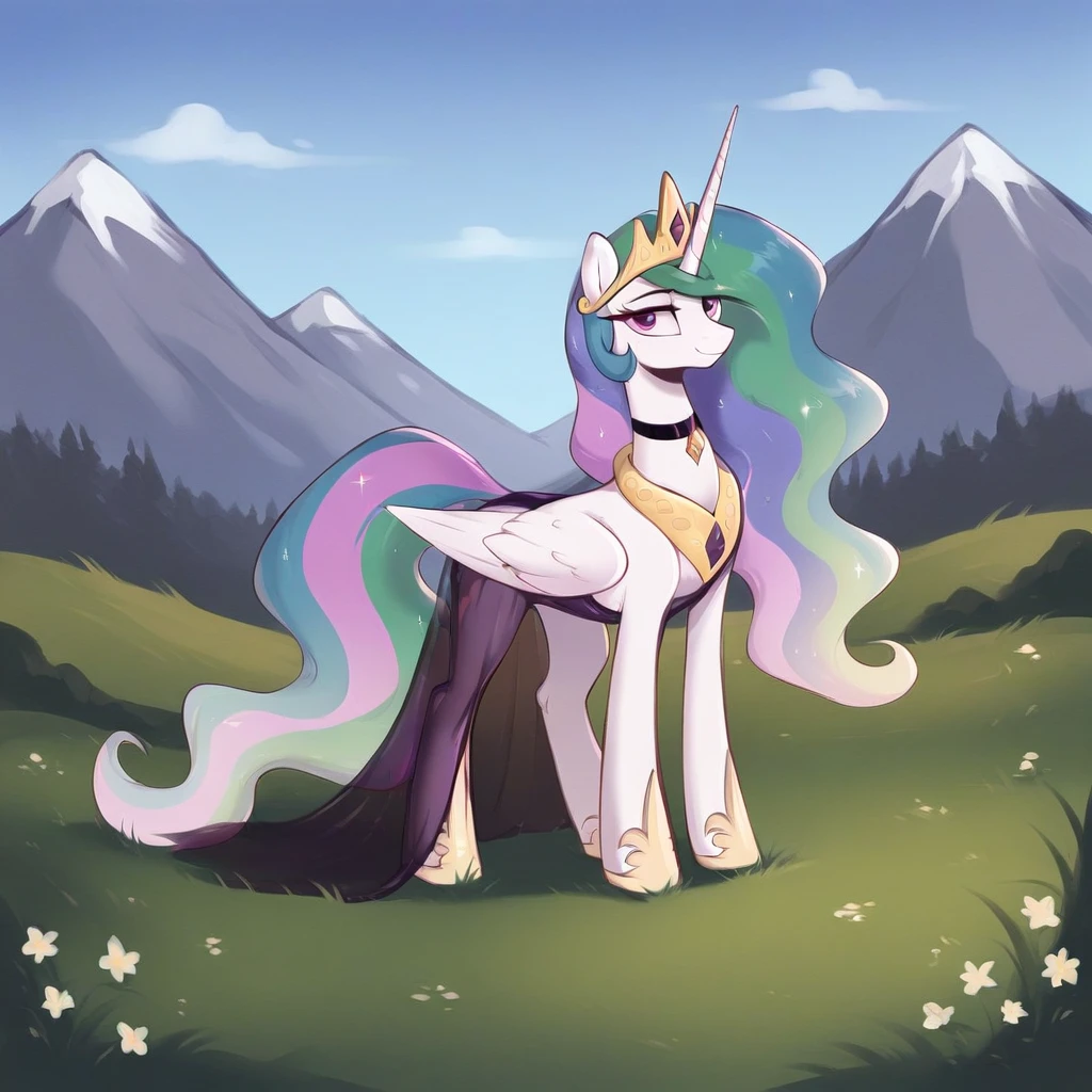 score_9, score_8_up, score_7_up, score_6_up, score_5_up, score_4_up, rating_explicit, outdoors, purple (see through dress and neck choker), solo, feral pony, princess  celestia, evil smile, closed mouth,BREAK mountain, day, sky, flower, mountainous horizon, blue sky, grass 