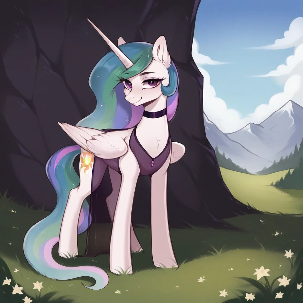 score_9, score_8_up, score_7_up, score_6_up, score_5_up, score_4_up, rating_explicit, outdoors, purple (pantyhose and neck choker), solo, feral pony, princess  celestia, evil smile, closed mouth,BREAK mountain, day, sky, flower, kingdom, blue sky, grass 