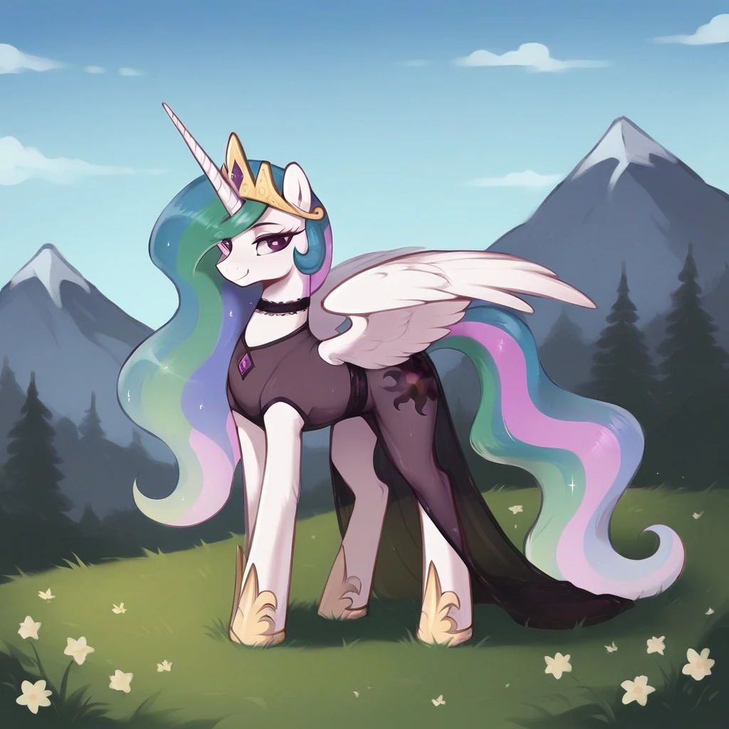 score_9, score_8_up, score_7_up, score_6_up, score_5_up, score_4_up, rating_explicit, outdoors, purple (see through dress and neck choker), solo, feral pony, princess  celestia, evil smile, closed mouth,BREAK mountain, day, sky, flower, mountainous horizon, blue sky, grass 