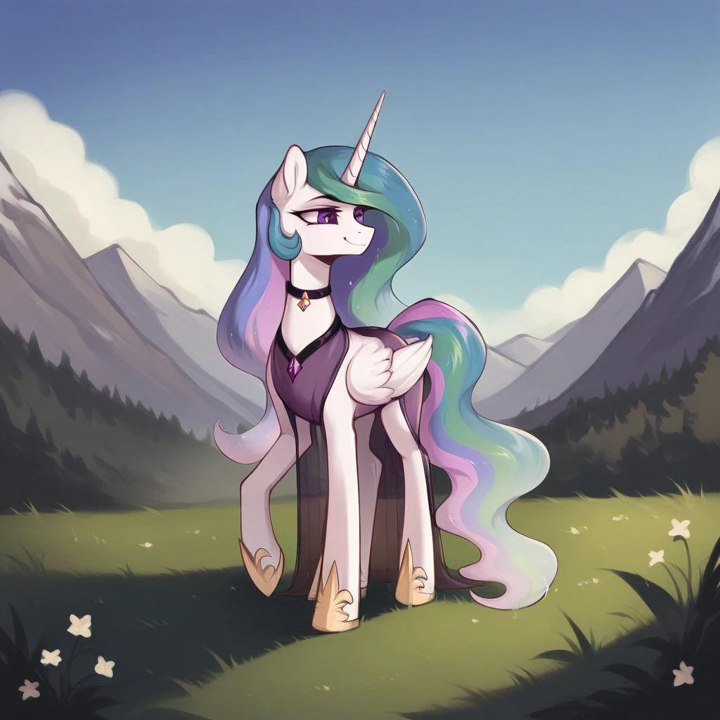 score_9, score_8_up, score_7_up, score_6_up, score_5_up, score_4_up, rating_explicit, outdoors, purple (see through dress and neck choker), solo, feral pony, princess  celestia, evil smile, closed mouth,BREAK mountain, day, sky, flower, mountainous horizon, blue sky, grass 