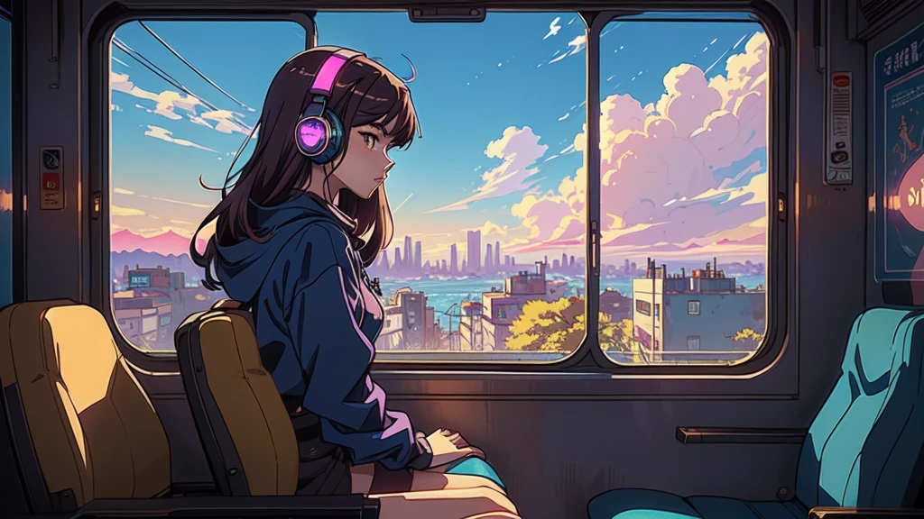 anime girl with headphones on looking out of a window  in the train, digital anime illustration, lofi artstyle, anime style 4 k, anime styled digital art, digital anime art, anime style. 8k, anime style artwork, detailed digital anime art, lofi girl, lofi art, artwork in the style of guweiz, background artwork, digital cyberpunk anime art