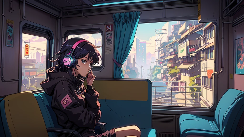 anime girl with headphones on looking out of a window in the train, digital anime illustration, lofi artstyle, anime style 4 k, anime styled digital art, digital anime art, anime style. 8k, anime style artwork, detailed digital anime art, lofi girl, lofi art, artwork in the style of guweiz, background artwork, digital cyberpunk anime art