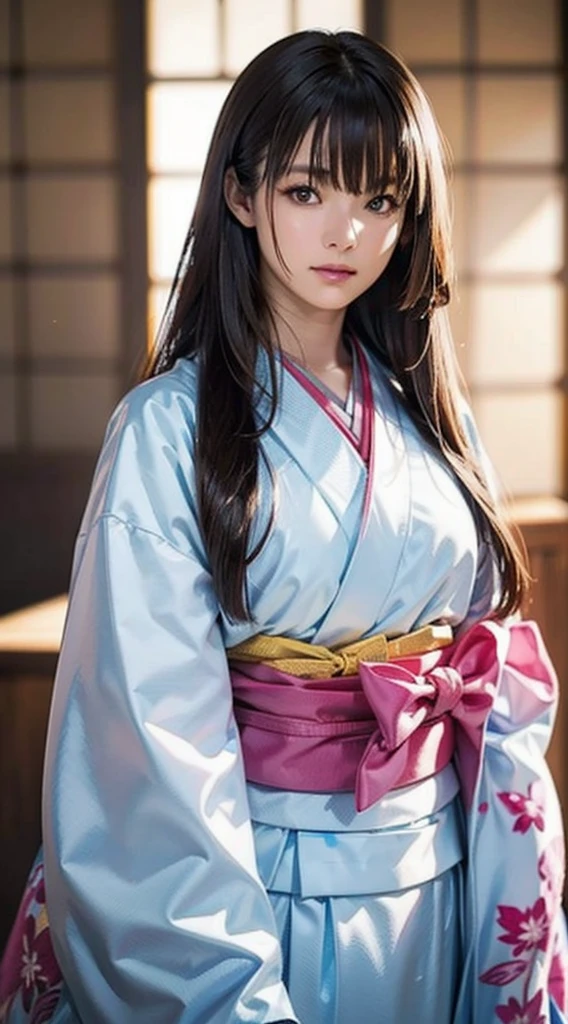 (Realistic)、(Realistic:1.2)、(High resolution)、Very detailed、Very beautiful face and eyes、1 girl、Delicate body、(highest quality、Attention to detail、Rich skin detail)、(highest quality、8k、Oil paint:1.2)、Very detailed、(Realistic、Realistic:1.37)、Bright colors、Full Body Shot,black_hair, Beautiful 8k eyes,Looking_in_Audience,One person in,Are standing,((Very beautiful woman, Fuller lips, Japanese pintern kimono))、((Colorful Japanese kimono)))、(((blackhair)))、(((Blunt bung,long straight hair)))、((( Inside an old Japanese house with a (short focus :1.4),)))、(masterpiece, highest quality, highest quality, Official Art, beautifully、aesthetic:1.2),(Fractal Art:1.3),Sengoku period、Greg Rutkowski Written by Alphonse Mucha Ropp,short ,uchikake,nishijin ori,(realistic light and shadow), (real and delicate background),(muted colors, dim colors, soothing tones:1.3), low saturation, (hyperdetailed:1.2), (noir:0.4),drow,blurry_light_background, (vibrant color:1.2), cinematic lighting, ambient lighting,Single Shot,Shallow Focus,pink lip,blurry light background,