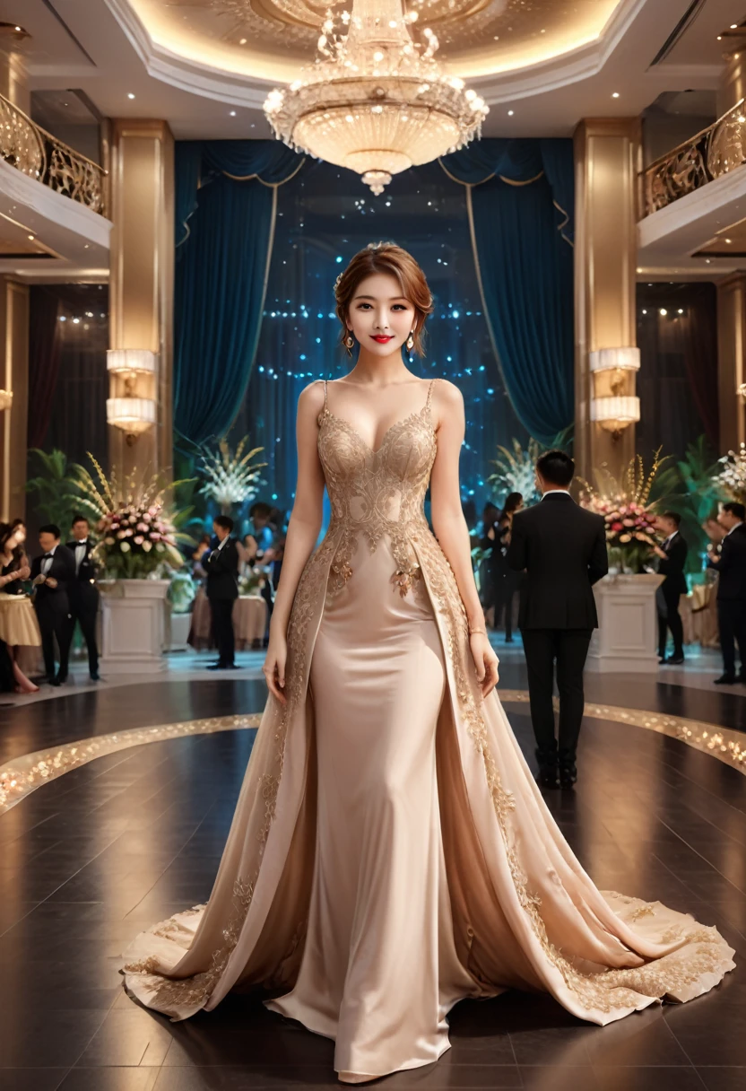 Realistic photography style, elegant girl exude grace and charity in evening gowns, conversing with other celebrities in an elegant charity banquet. The background is a high-end banquet hall, with gorgeous decorations and exquisite decorations. Full body, (masterpiece, best quality, Professional, perfect composition, very aesthetic, absurdres, ultra-detailed, intricate details:1.3)