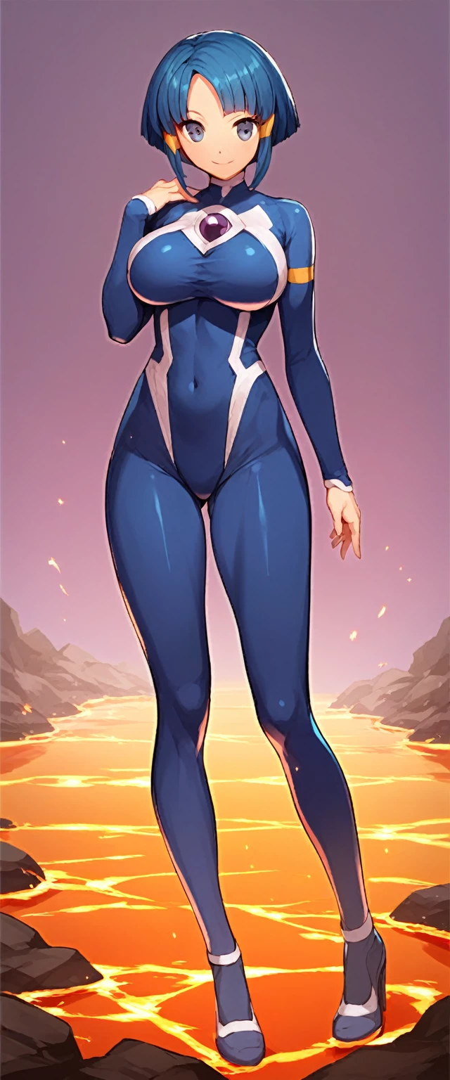 best quality,ultra detailed,solo,score_9, score_8_up, score_7_up, score_6_up, score_5_up, score_4_up, source_anime, 1girl, clara, blue hair, hair tubes, grey eyes, bodysuit,big breasts, standing sexy pose, (front view,portrait),full body, standing on lava,heavenly ass, heavenly breasts, big ass, no shoes, wearing heels, smile, cute, face, long legs, tight bodysuit, tight sleeves