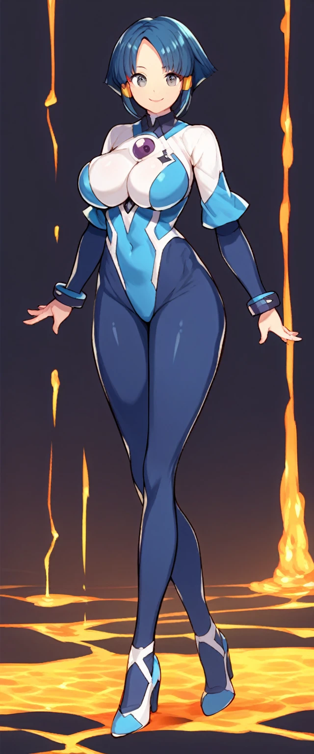 best quality,ultra detailed,solo,score_9, score_8_up, score_7_up, score_6_up, score_5_up, score_4_up, source_anime, 1girl, clara, blue hair, hair tubes, grey eyes, bodysuit,big breasts, standing sexy pose, (front view,portrait),full body, standing on lava,heavenly ass, heavenly breasts, big ass, no shoes, wearing heels, smile, cute, face, long legs, tight bodysuit, tight sleeves