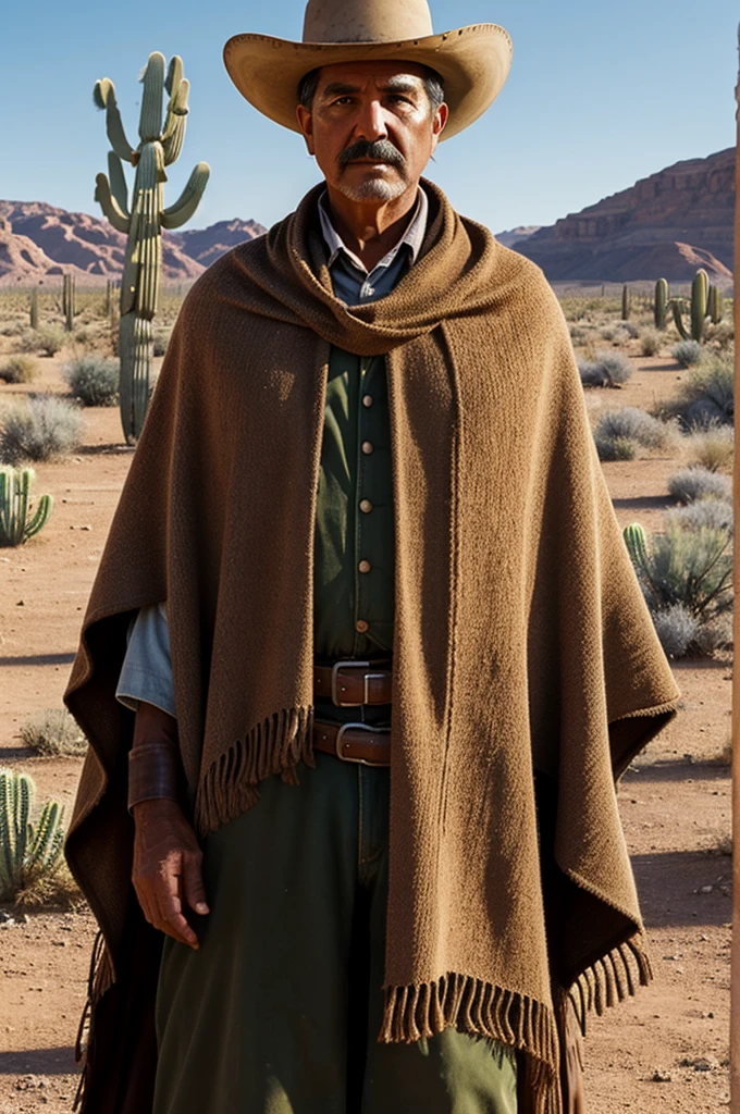 A book cover of the old west in the desert with a Mexican poncho and cactus