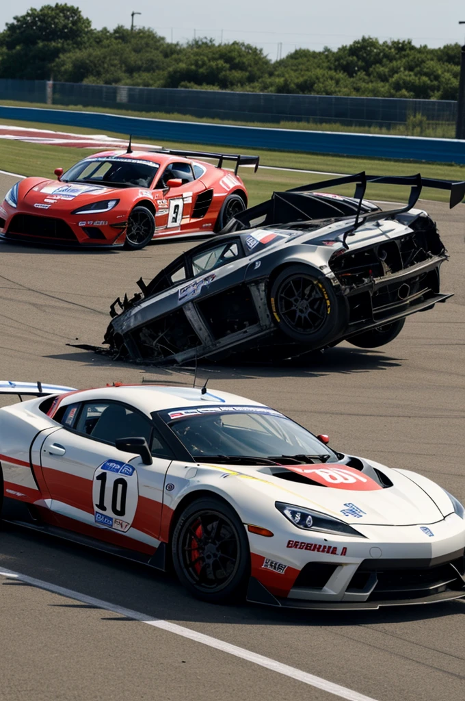 A crashed sports car in a race