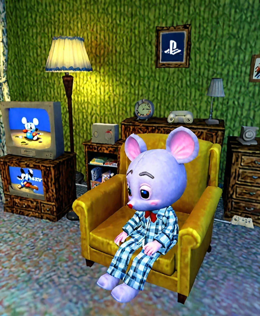 A sad, melancholic, mouse dressed in pajama, Sitting in a sofa in his 1950s bedroom, Playstation 1 Graphics, PS1 Game, low poly, playstation 1 still