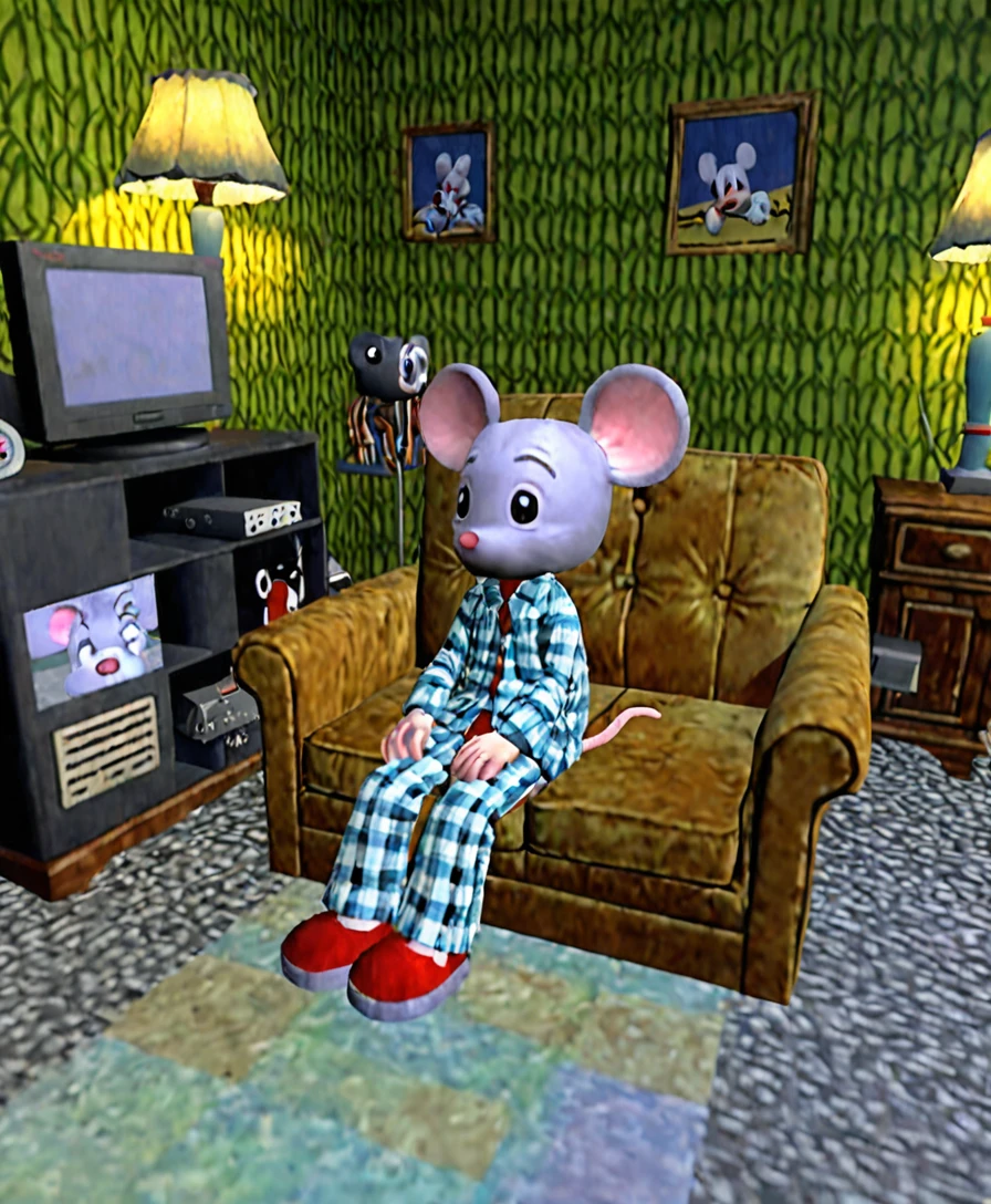 A sad, melancholic, mouse dressed in pajama, Sitting in a sofa in his 1950s bedroom, Playstation 1 Graphics, PS1 Game, low poly, playstation 1 still