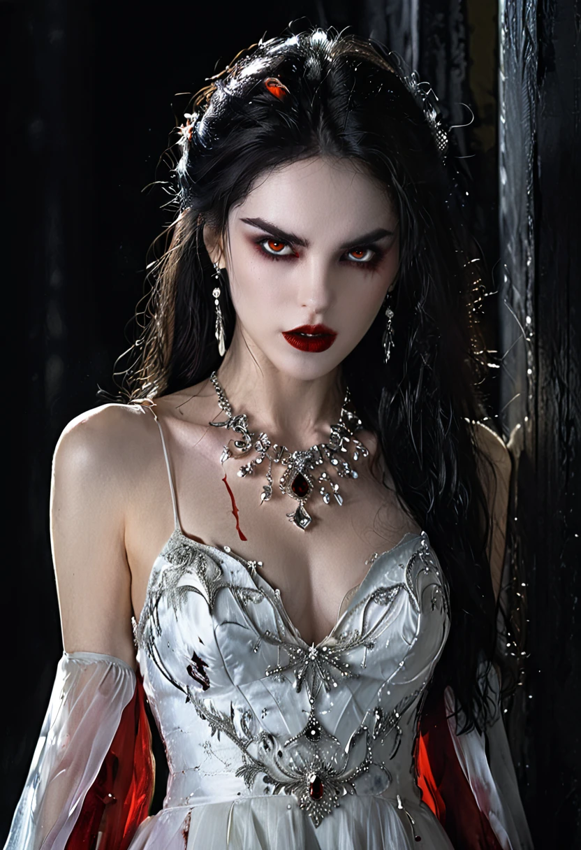 Arafed, dark fantasy art, goth art, a beautiful female vampire wearing a (blood stained white evening dress: 1.5), an extremely beautiful female vampire, ultra detailed face, black hair, long hair, wavy hair, dark glamour make up, pale skin, red lips, glowing red eyes, visible vampiric fangs, she wears a ((white evening dress: 1.5)), elegant, intricate detailed dress, silk dress, small cleavage, ((dress is decorated with gems: 1.4)), she wears elegant knee high heeled boots, exquisite knee high heeled boots, there are stains of blood on the upper part of the dress, dark novel,