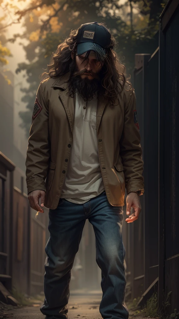 chanve background ans horror background realistic pic,wear trucker hat, short beard