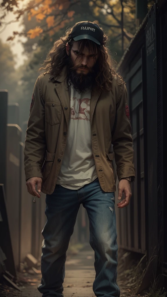 chanve background ans horror background realistic pic,wear trucker hat, short beard