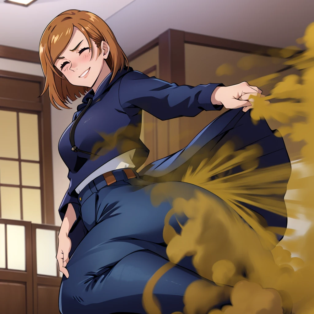 HD, high quality, high resolution, ultrahd, Nobara Kugisaki, 1female, wearing default outfit, dark blue hoodie, white pants, default hair, brown hair, very tall body, thin body, massive fart, yellow smoke, velocity, 1 eye closed, 1 eye opened, forcing, struggling, struggle face, blush leaning, embarrassed, smiling, viewing ass, alone in a room, beautiful lighting, highlights