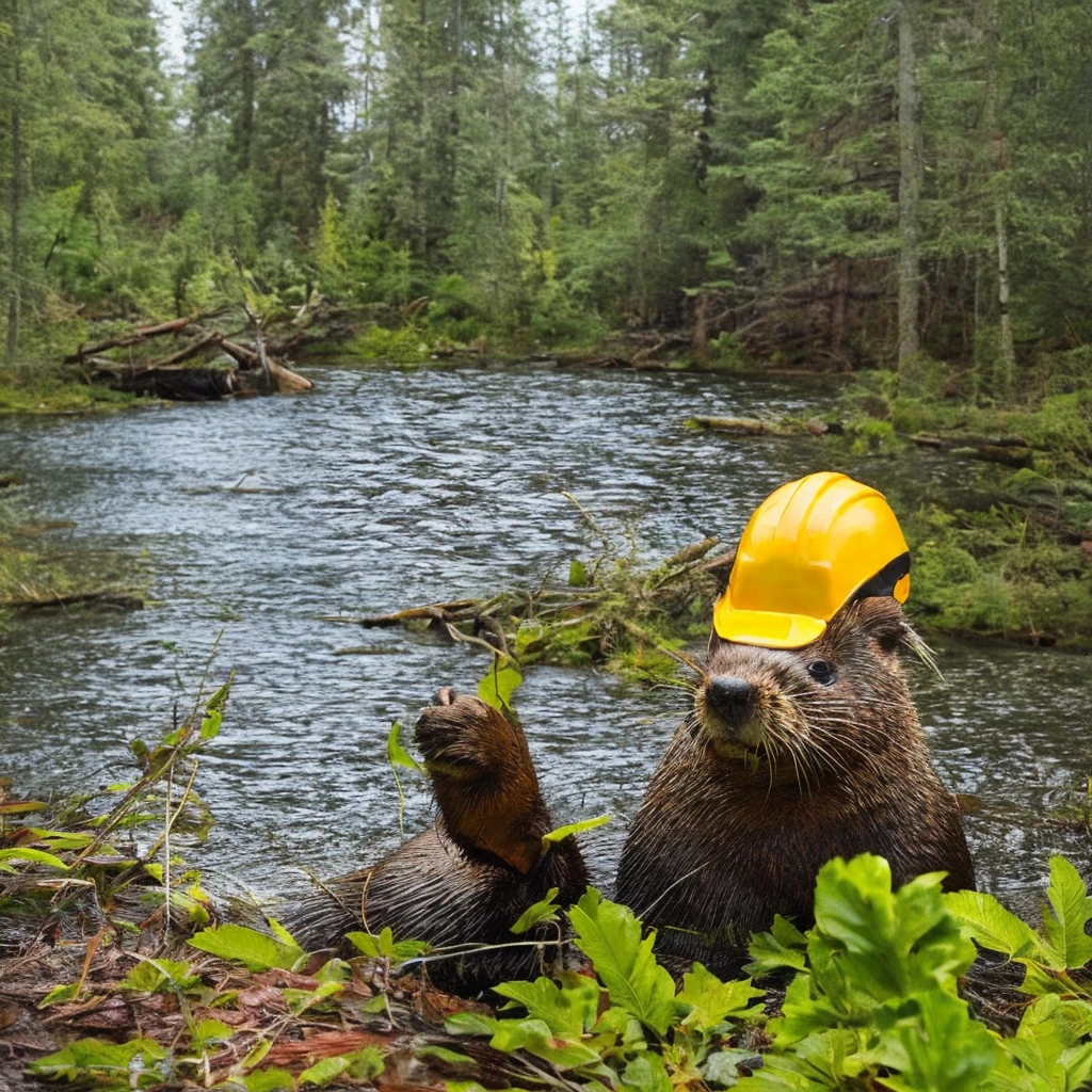 Realistic Beaver photo, funny cartoonish style, yellow hard hat, showing thumbs up, forest river in the background with a beaver dam, one funny beaver photo