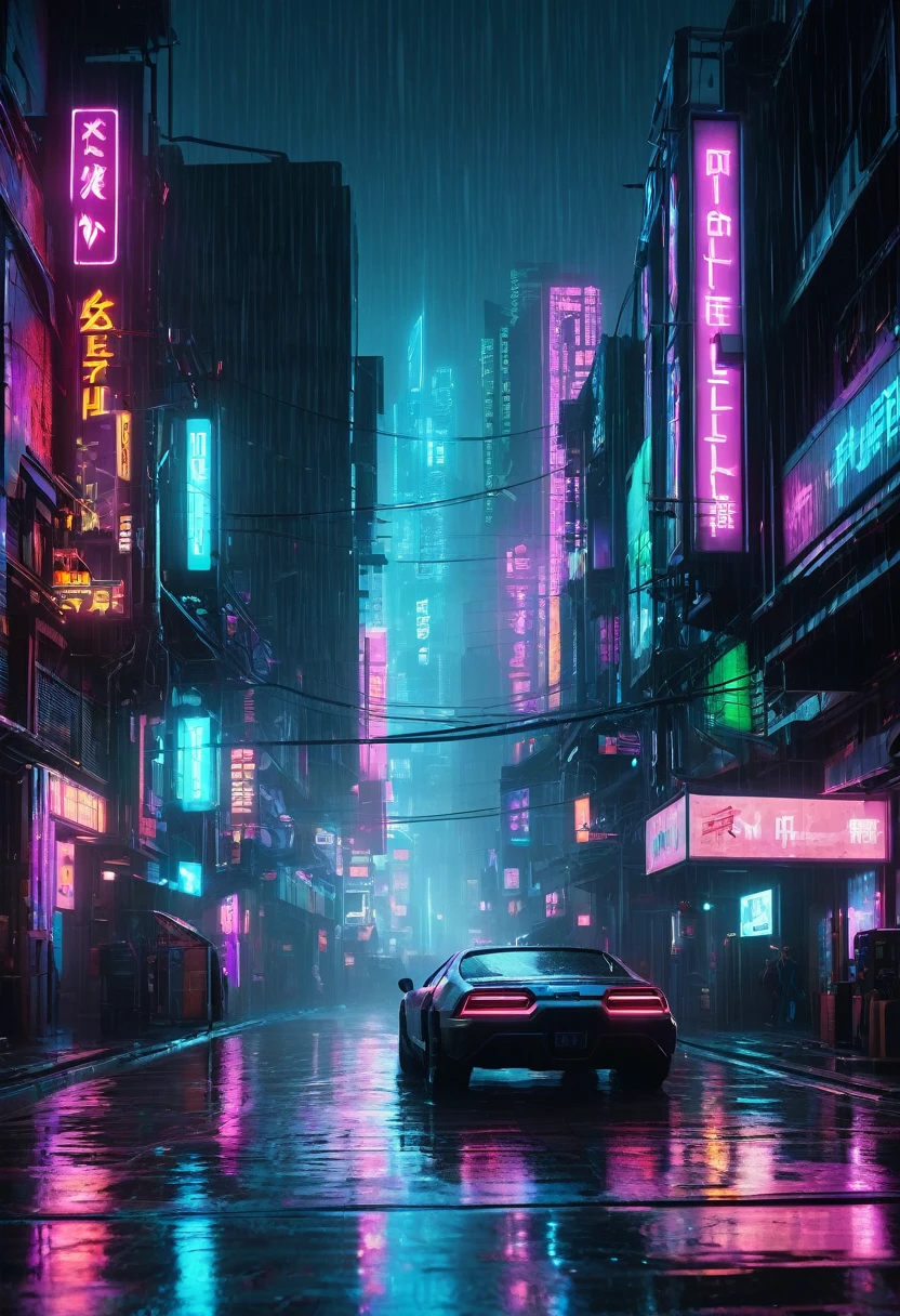 a cyberpunk city, neon lights, futuristic architecture, holograms, cyborg, advanced technology, moody atmosphere, dark shadows, sci-fi, urban landscape, rain, metallic textures, glowing displays, dystopian, cinematic lighting, high contrast, muted color palette, extremely detailed, 8k, hyperrealistic, intricate details, photorealistic