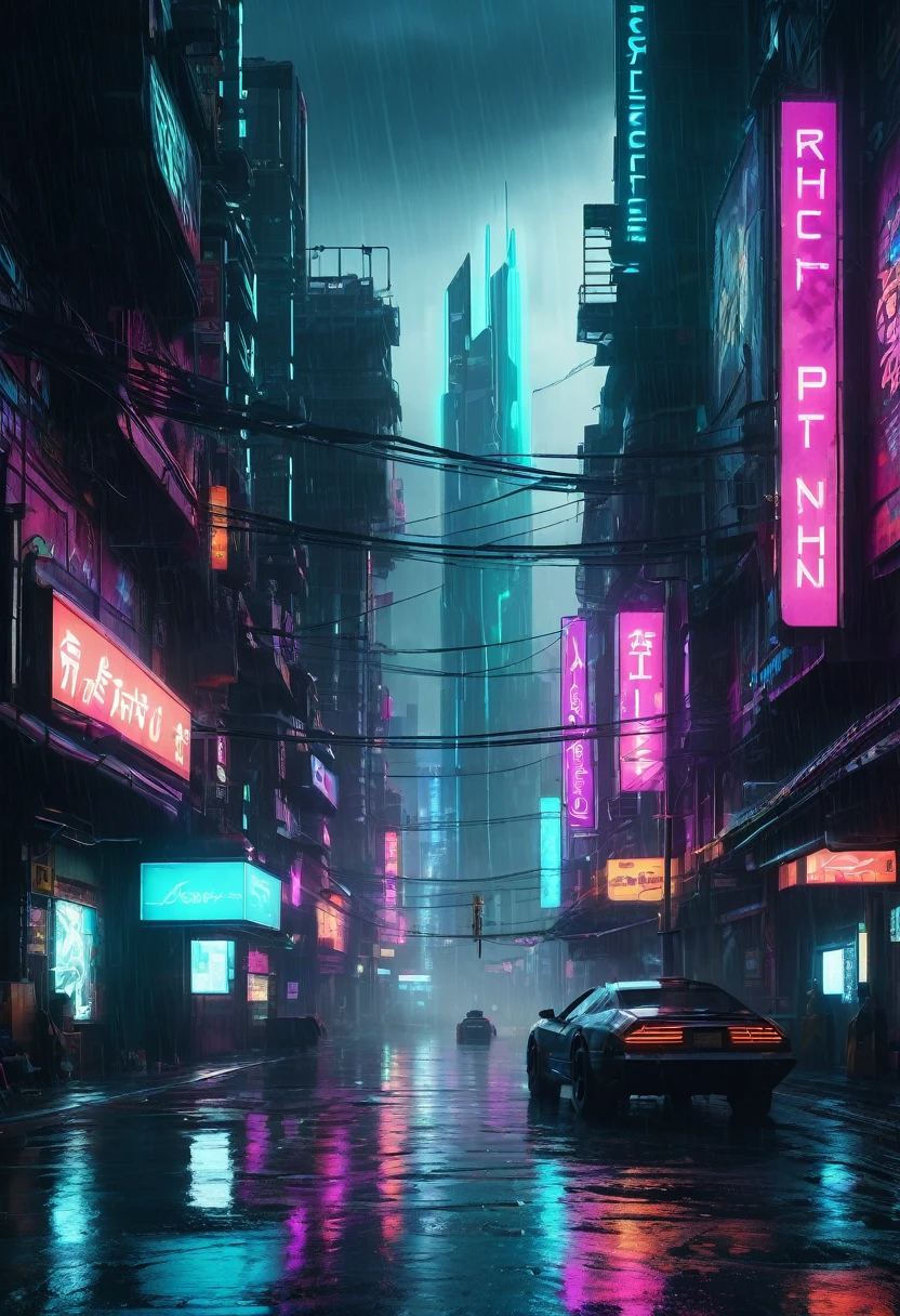 a cyberpunk city, neon lights, futuristic architecture, holograms, cyborg, advanced technology, moody atmosphere, dark shadows, sci-fi, urban landscape, rain, metallic textures, glowing displays, dystopian, cinematic lighting, high contrast, muted color palette, extremely detailed, 8k, hyperrealistic, intricate details, photorealistic