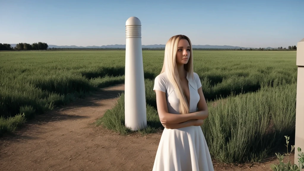 IN FRONT OF A WATER WELL, woman long hair, OUT OF THIS WORLD LANDSCAPE WHITE IVORY TOWERS CXOM GOLD