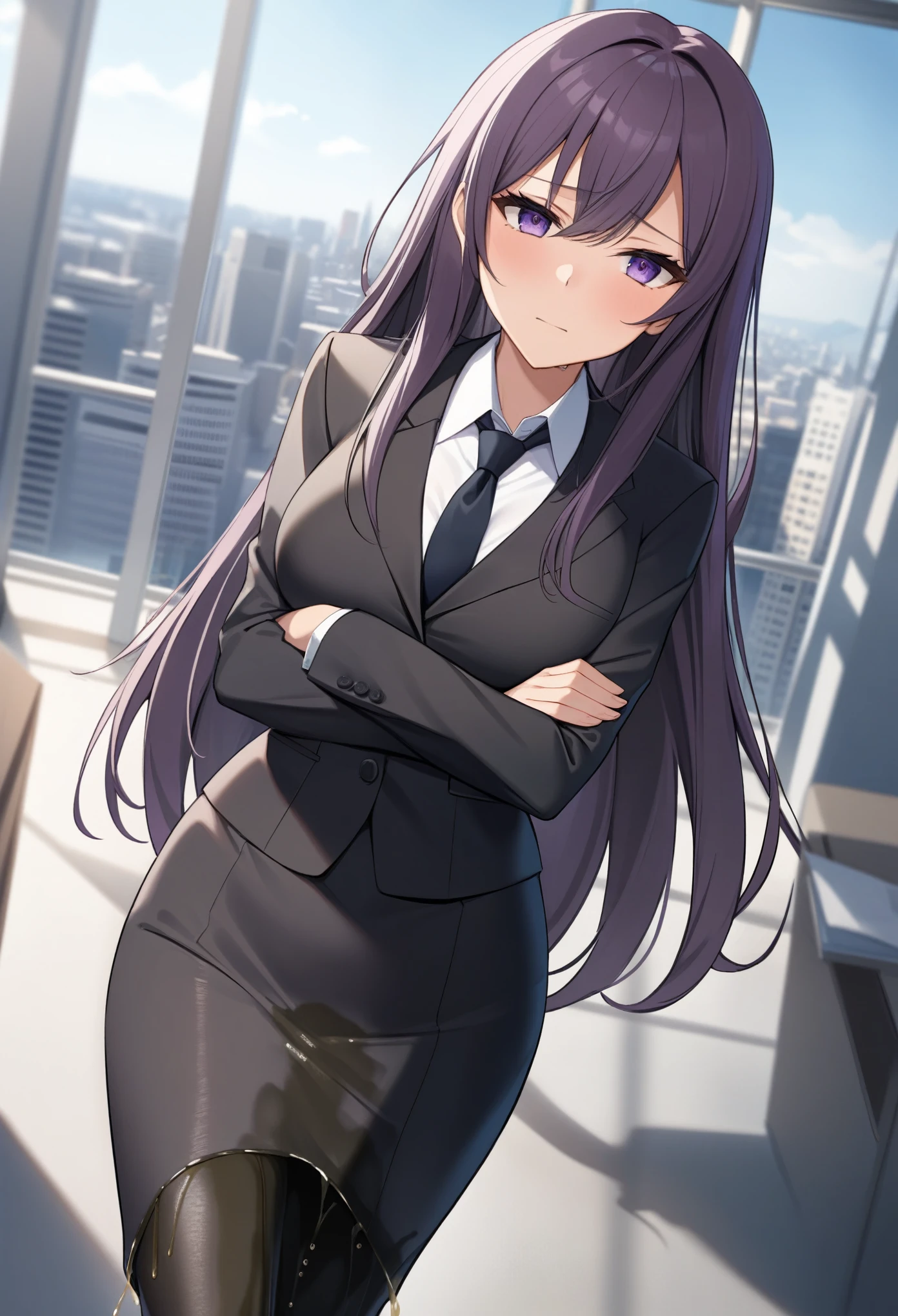 (masterpiece:1.37), best quality, (extremely detailed:1.37), office, window overlooking a bustling cityscape, woman, (mature:1.75), (adult:1.5), (very long hair:1.5), dark purple hair, purple eyes, (extremely detailed eyes:1.37), breasts, sunglasses, business suit, necktie, (very long pencil skirt:2.0), pantyhose, (wetting herself:1.5), standing straight, (desperation:1.5), full body day, daytime, glow, facing viewer, perfect composition, Perfect light and shadow, 8K, (arms crossed:1.5)