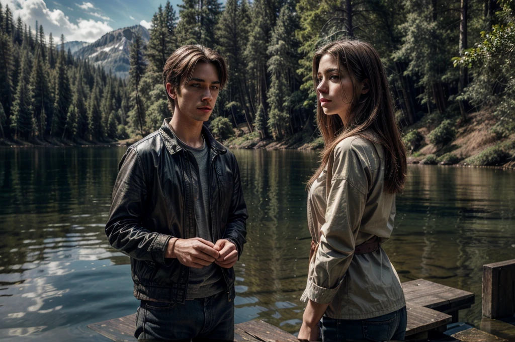 a young white male artist sketching a female white model in a pacific northwest lake, detailed facial features, detailed skin, detailed clothing, detailed proportions, detailed anatomy, detailed lighting, detailed shadows, detailed reflections, photorealistic, high detail, high resolution, 8k, ultra-detailed, masterpiece, dynamic composition, moody lighting, dramatic lighting, serene lake, wooden dock, evergreen trees, cloudy sky, natural scenery, digital painting, traditional art, realistic, cinematic, vibrant colors, detailed faces, normal face, detailed eyes, normal eyes, 