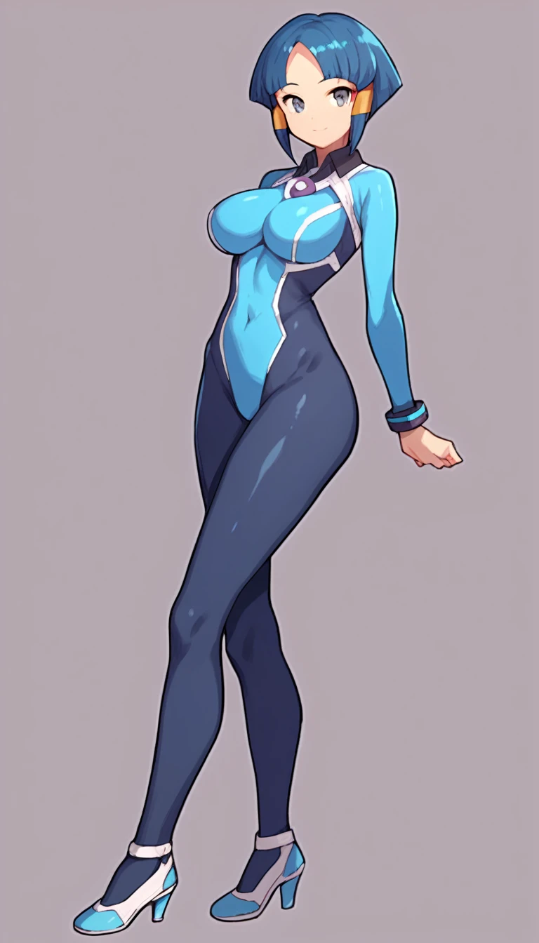 best quality,ultra detailed,solo,score_9, score_8_up, score_7_up, score_6_up, score_5_up, score_4_up, source_anime, 1girl, clara, blue hair, hair tubes, grey eyes, bodysuit,big breasts, standing sexy pose, (front view,portrait),full body, standing on lava,heavenly ass, heavenly breasts, big ass, no shoes, wearing heels, smile, cute, face, long legs, tight bodysuit, tight sleeves