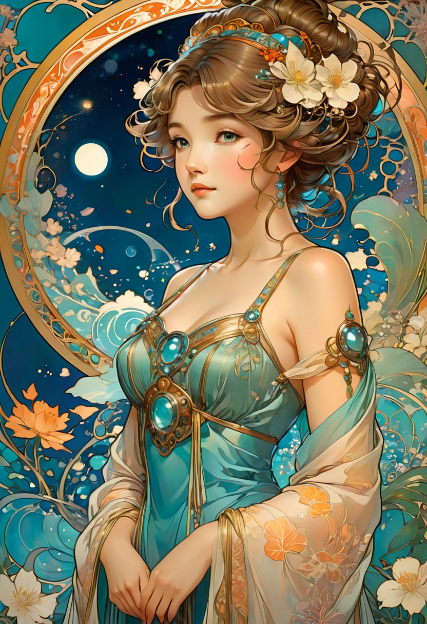 Evening Dress, feast, by Studio Ghibli and Alphonse Mucha, best quality, masterpiece, very aesthetic, perfect composition, intricate details, ultra-detailed