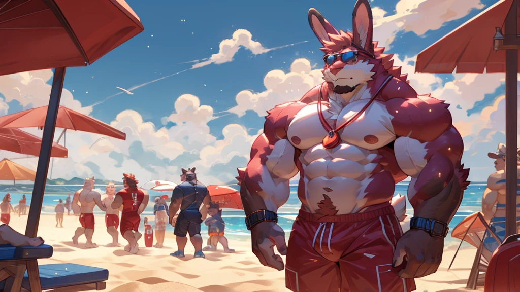 male, anthro, muscle, (kemono), (rabbit), pink body, blush, red swimwear, lifeguard, sunglasses, beach, red mane, long rabbit ears, by bara, detailed background, light particles, hi res, bara, nsfw