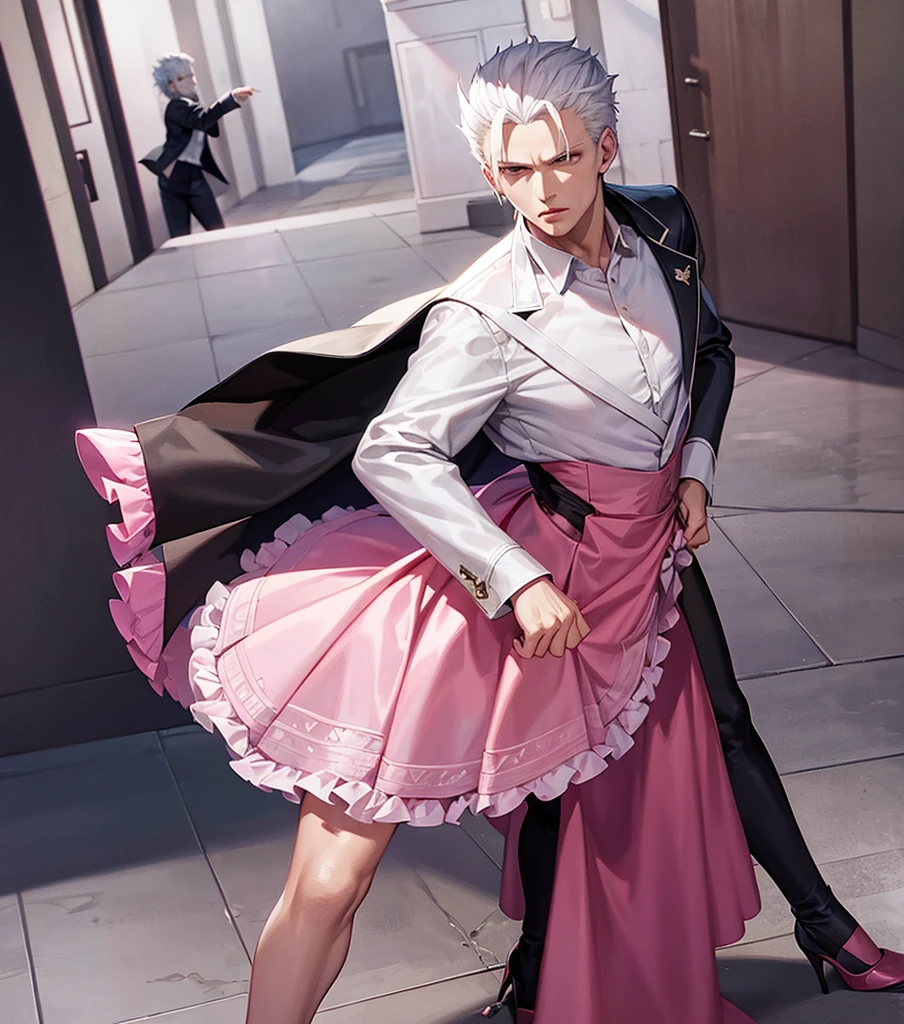 Vergil from Devil may cry Wearing a pink Lacy skirt and high heels Passionate