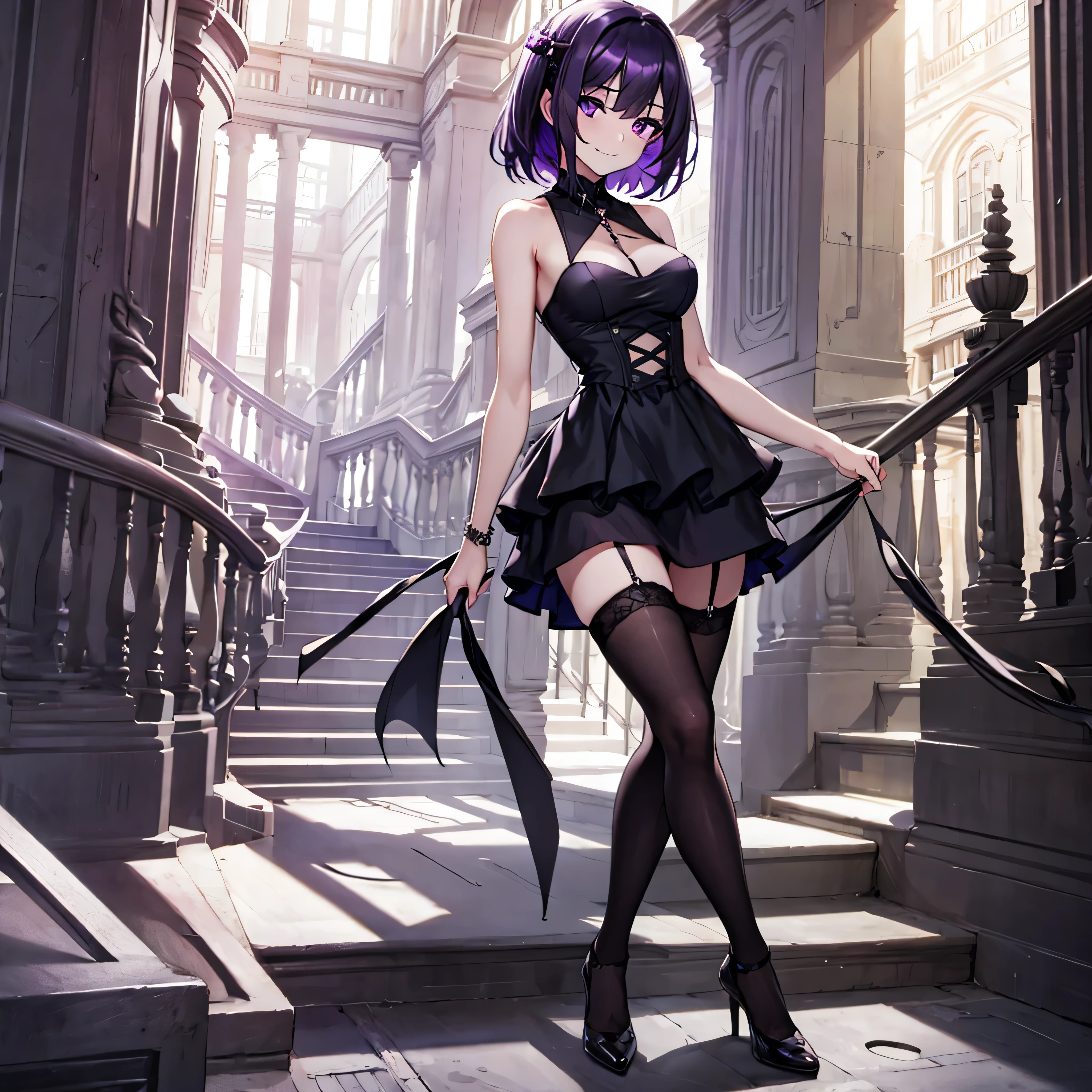 (solo), (1 skinny short girl), hall of mansion, (midnight), purple eyes, Gothic ****ta, perfect anatomy, BREAK, (black short hair), large breasts, perky breasts, white skins, (skinny narrow waist), skinny legs, BREAK, (layered black short dress), show off thigh gap, black thighhighs, stiletto heels, BREAK, sad smile