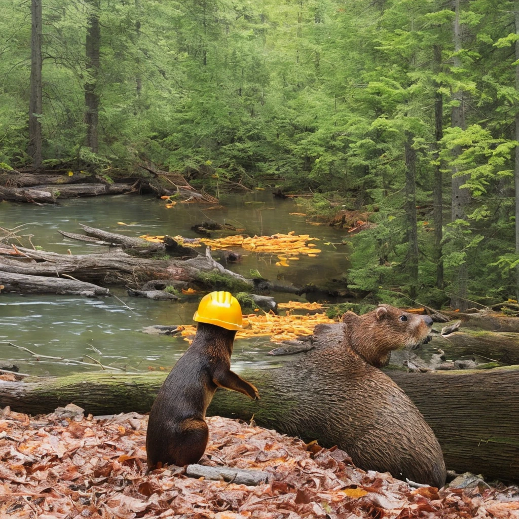 Realistic Beaver photo, funny cartoonish style, yellow hard hat, showing thumbs up, forest river in the background with a beaver dam, one funny beaver photo