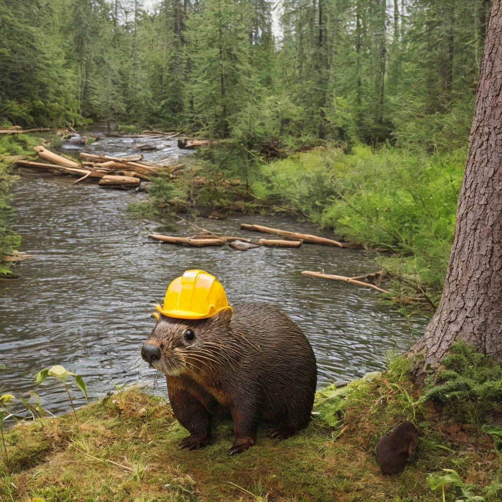 Realistic Beaver photo, funny cartoonish style, yellow hard hat, showing thumbs up, forest river in the background with a beaver dam, one funny beaver photo