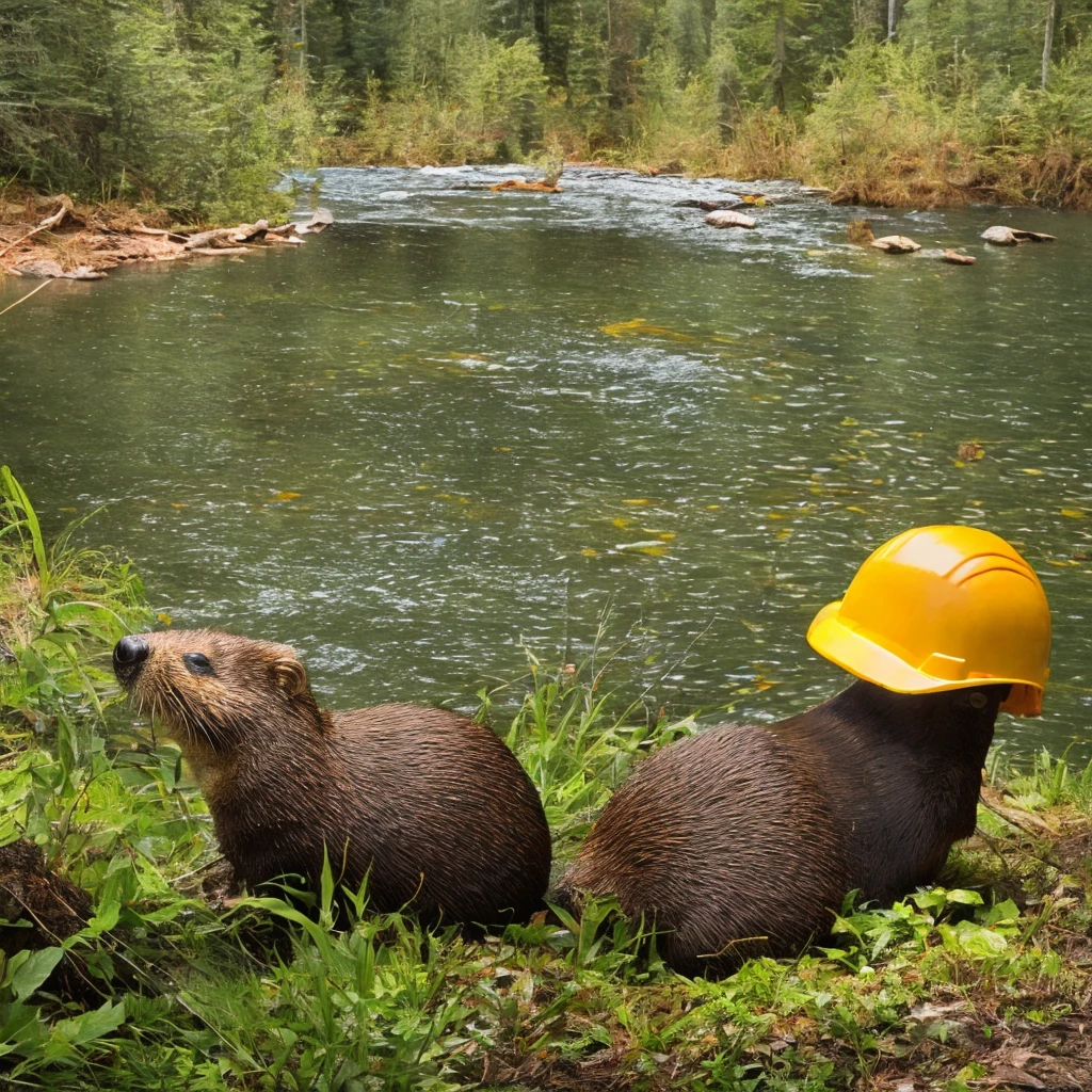 Realistic Beaver photo, funny cartoonish style, yellow hard hat, showing thumbs up, forest river in the background with a beaver dam, one funny beaver photo