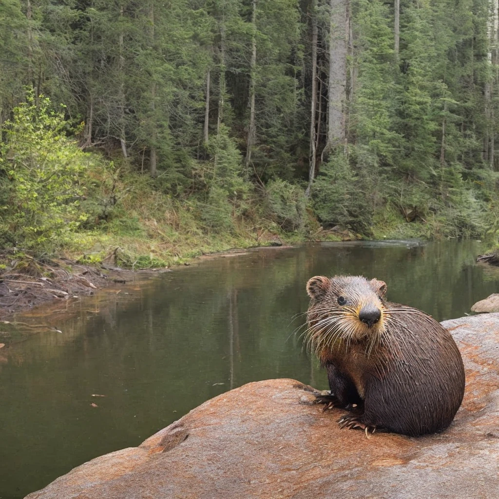 Realistic Beaver photo, funny cartoonish style, yellow hard hat, showing thumbs up, forest river in the background with a beaver dam, one funny beaver photo